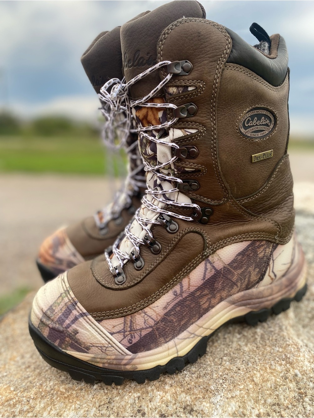 Cabela's Predator Extreme Pac Brown Leather and Camo Waterproof Hunting Boots